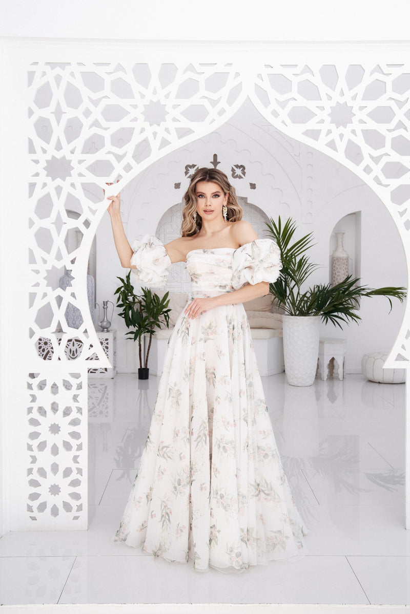 Floral Organza Dress with Removable Puff Sleeves