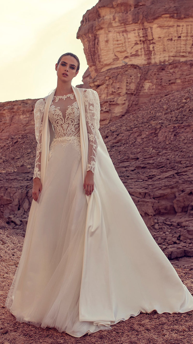 Long Lace Sleeves A-Line Wedding Dress with Long Cape