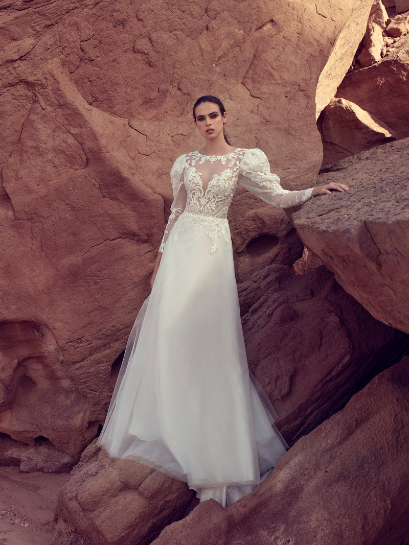 Long Lace Sleeves A-Line Wedding Dress with Long Cape