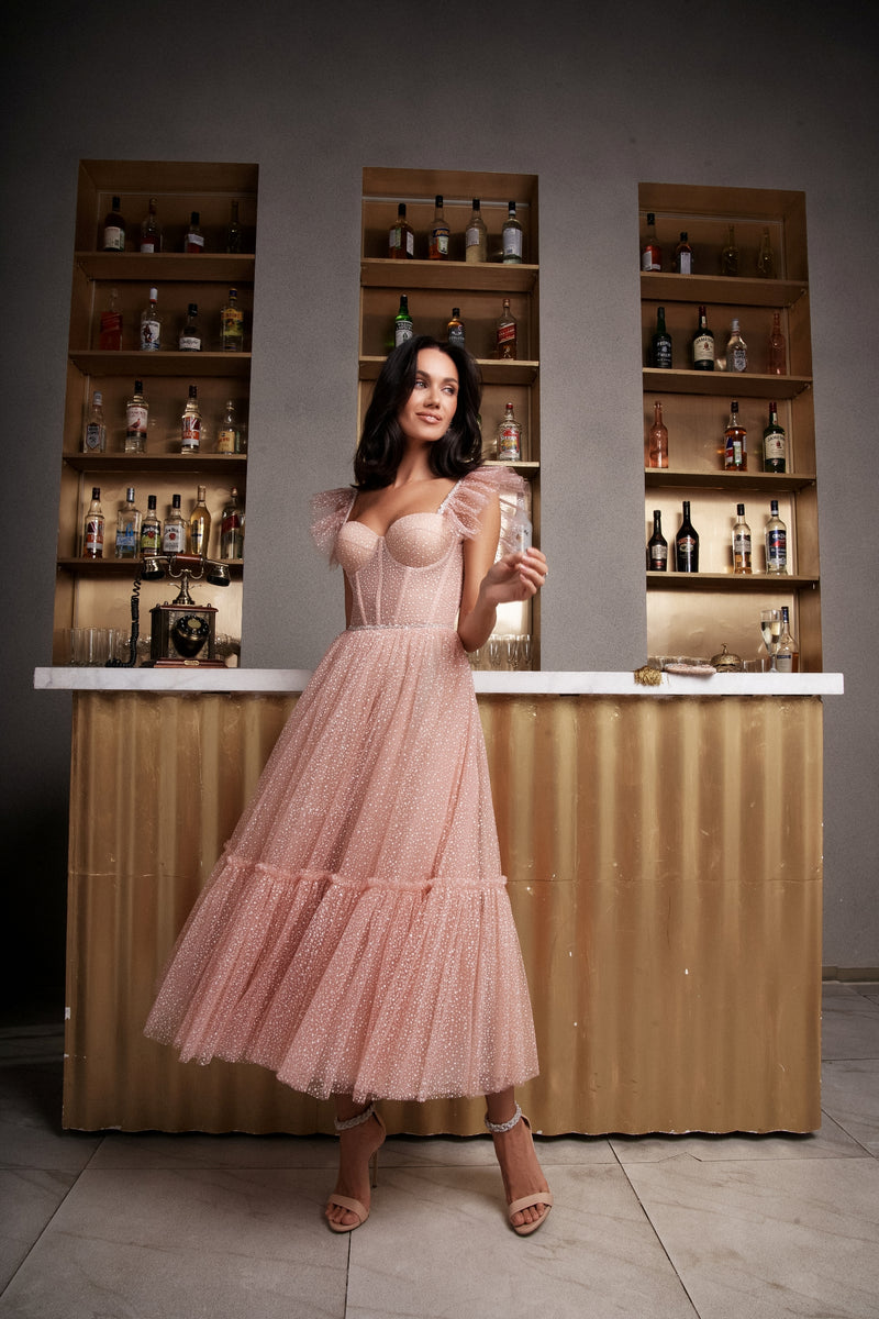 Petite Short Ruffle Sleeves Midi Dress HAREM's Brides Petite Short Ruffle Sleeves Midi Dress HAREM's Brides