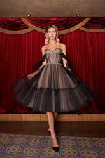 Vestido Midi Glitter Preto em Camadas de Tule