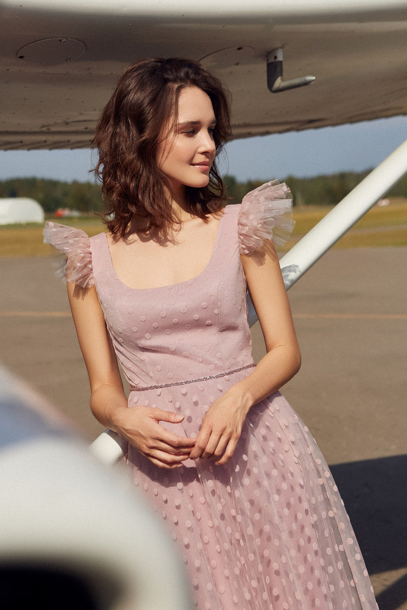 Sleeveless Polka Dot Midi Length Evening Dress