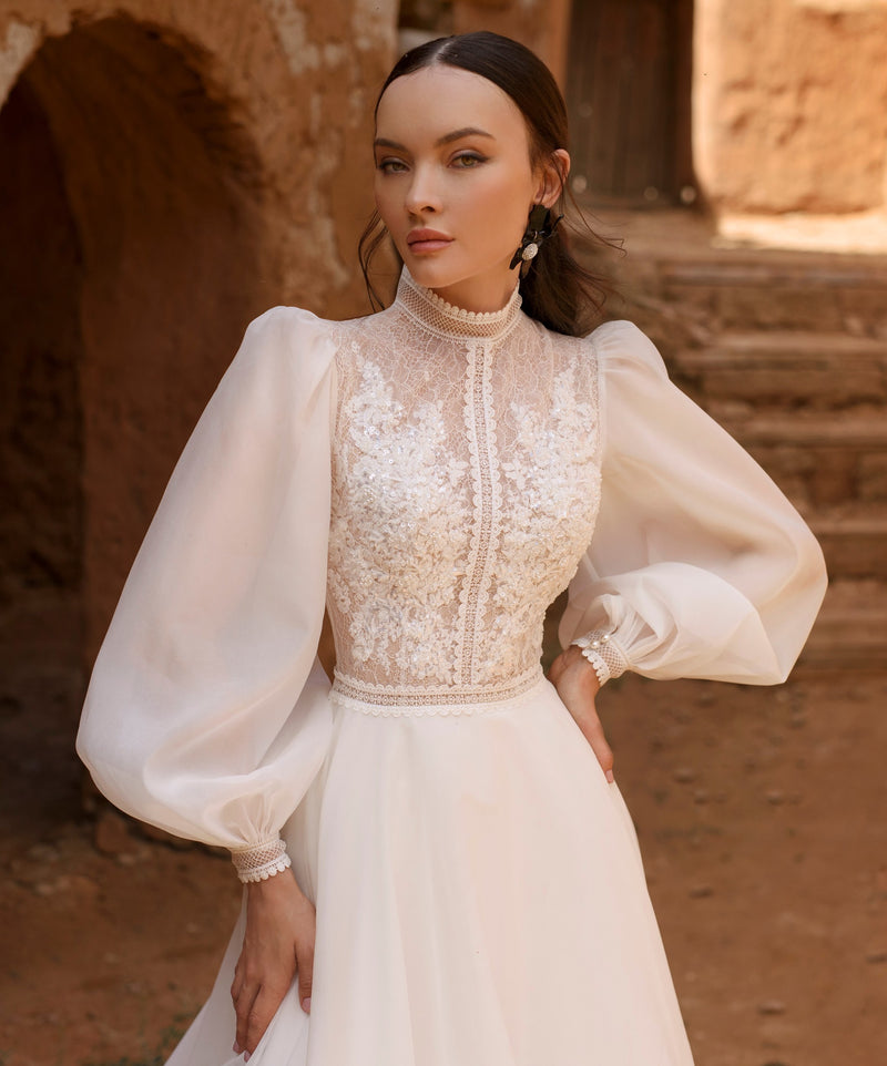 A-Line High Neck Long Sleeves Lace Wedding Dress with Appliques – Pgmdress
