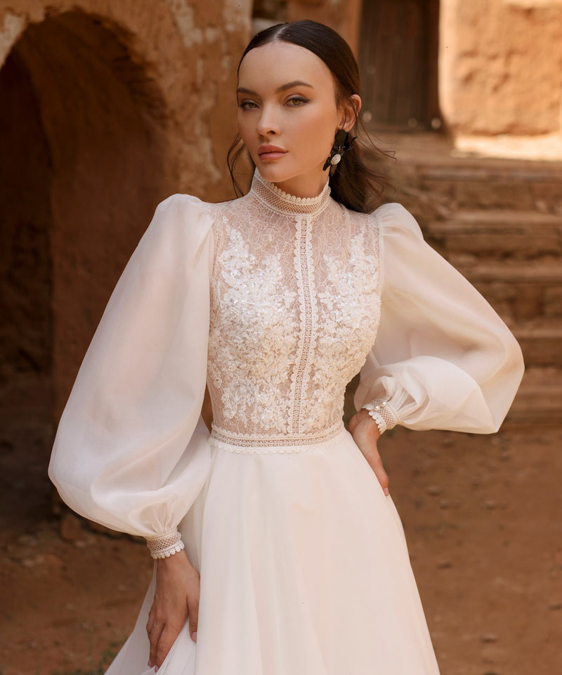 Modest Long Sleeve Lace A-Line Wedding Dress with High Neckline