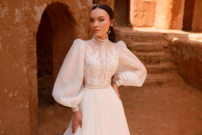 Modest Long Sleeve Lace A-Line Wedding Dress with High Neckline