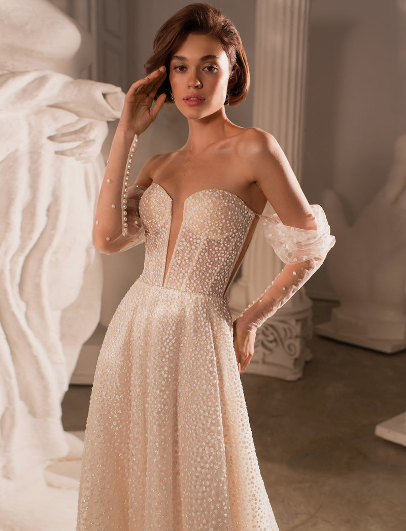 Off-Shoulder A-Line Glitter Wedding Dress HAREM's Brides Off-Shoulder A-Line Glitter Wedding Dress HAREM's Brides