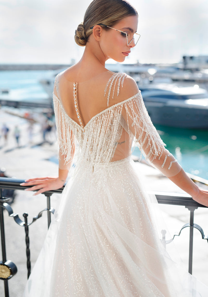 Illusion Neckline Fringe Wedding Dress