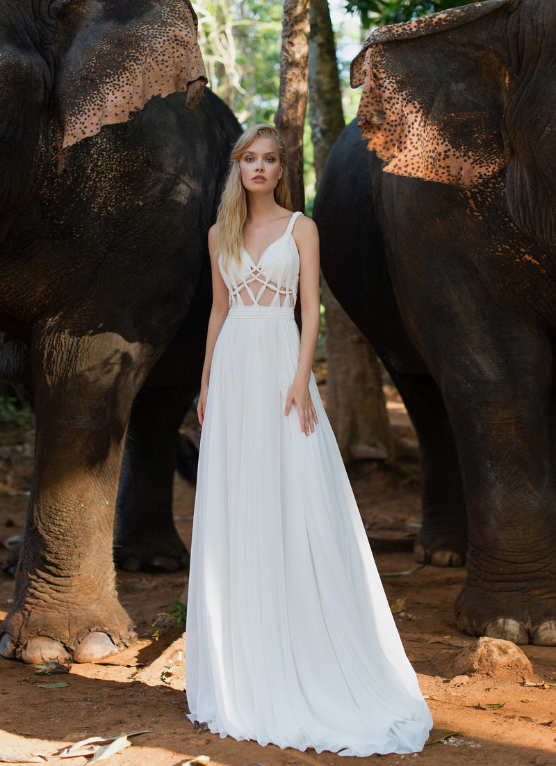 Vestido de noiva linha A com alça fina