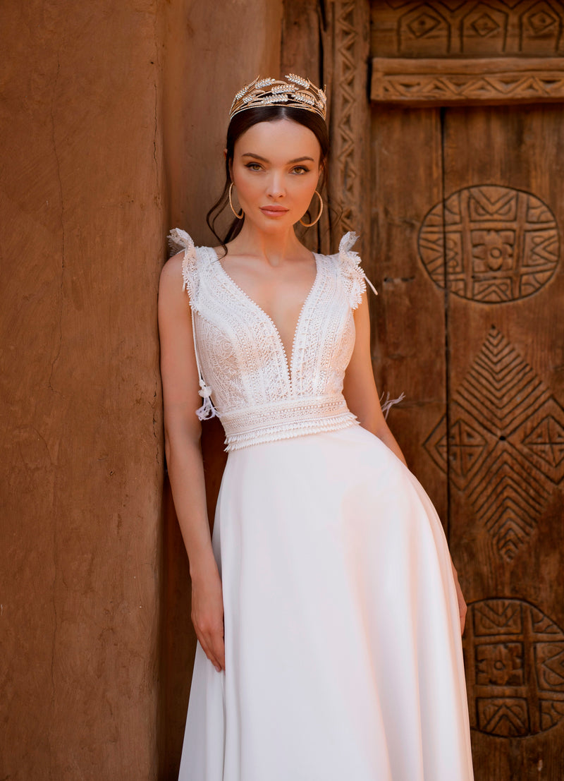 bohemian sheath wedding dress Boho Lace Sheath Sweep Train Sheath Beach Wedding Dresses WD592 US16 / Custom Color