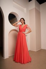 Long Flared-Skirt Dress with Mini Tulle Sleeves
