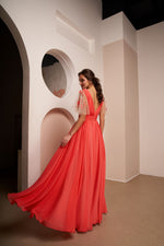 Long Flared-Skirt Dress with Mini Tulle Sleeves