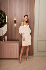 Lace Illusion Short Party Dress with Puffed Sleeves