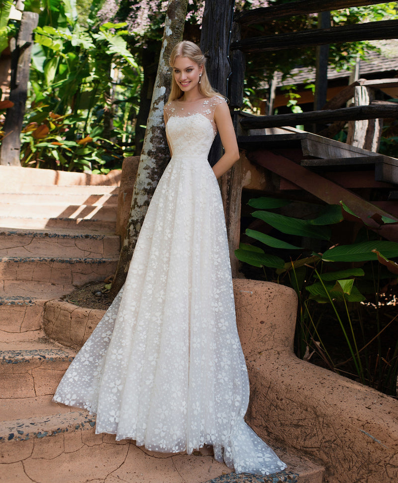 High Illusion Neck Lace Wedding Dress