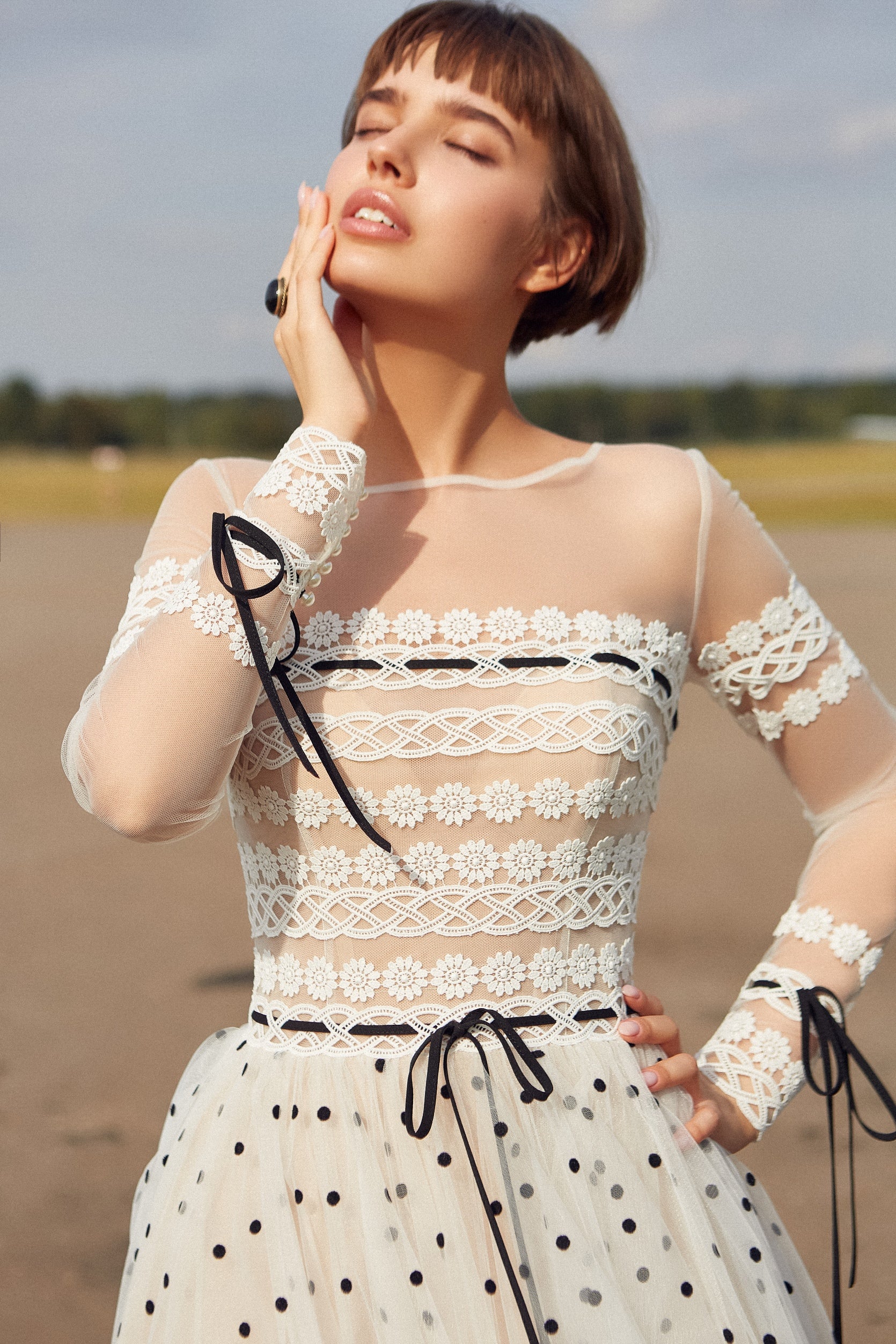 Long Sleeve White Polka Dot Tulle-Lace Midi Dress EU38 / Milk-Black Long Sleeve White Polka Dot Tulle-Lace Midi Dress EU38 / Milk-Black