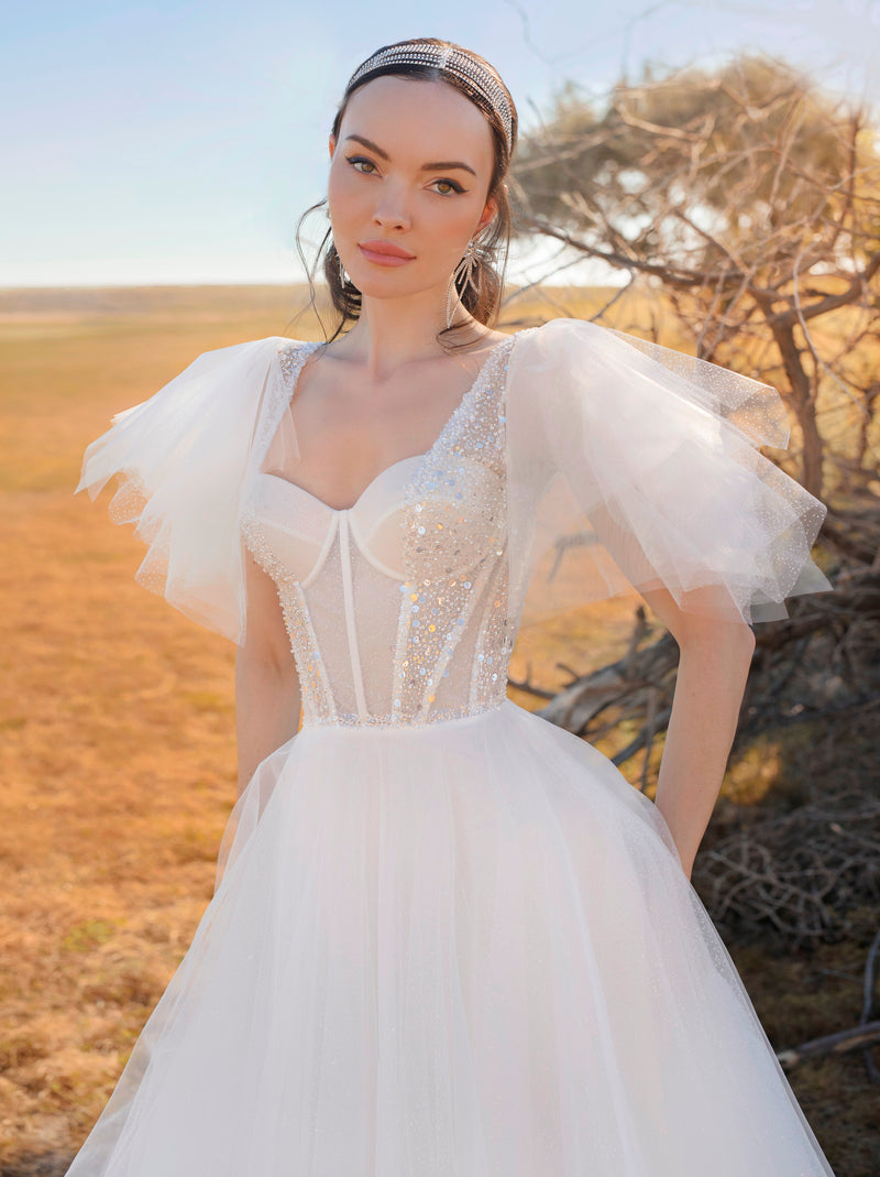 Flutter Sleeves A-Line Wedding Gown HAREM's Brides Flutter Sleeves A-Line Wedding Gown HAREM's Brides