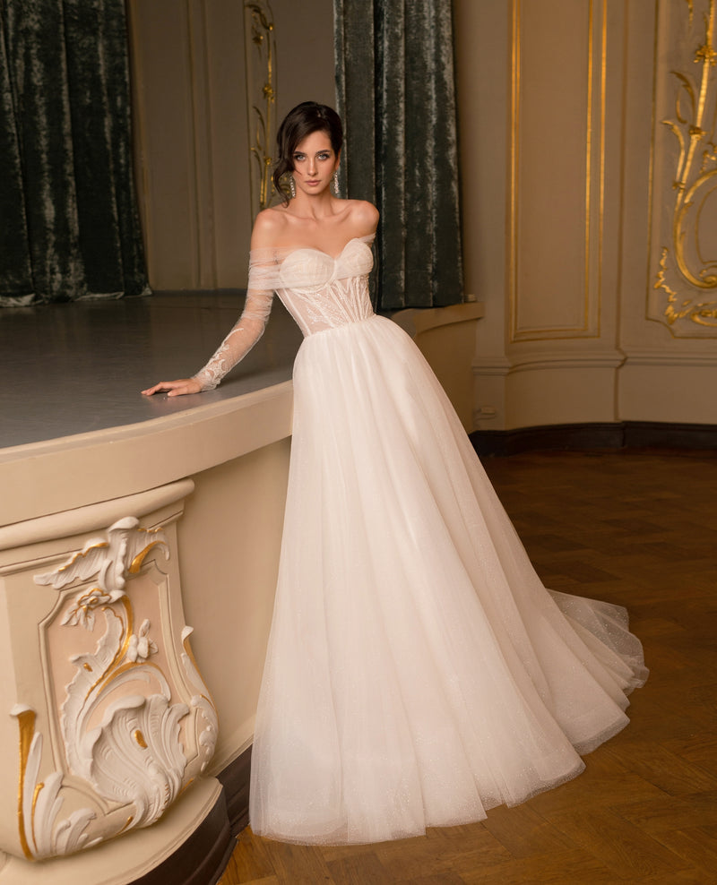 off shoulder wedding dresses Exquisite Off-Shoulder Wedding Gown with Removable Sleeves – HAREM's Brides