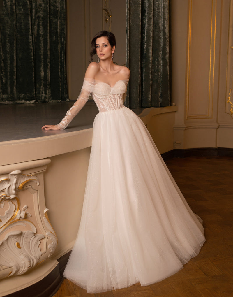 off the shoulder wedding dress with detachable skirt 15660