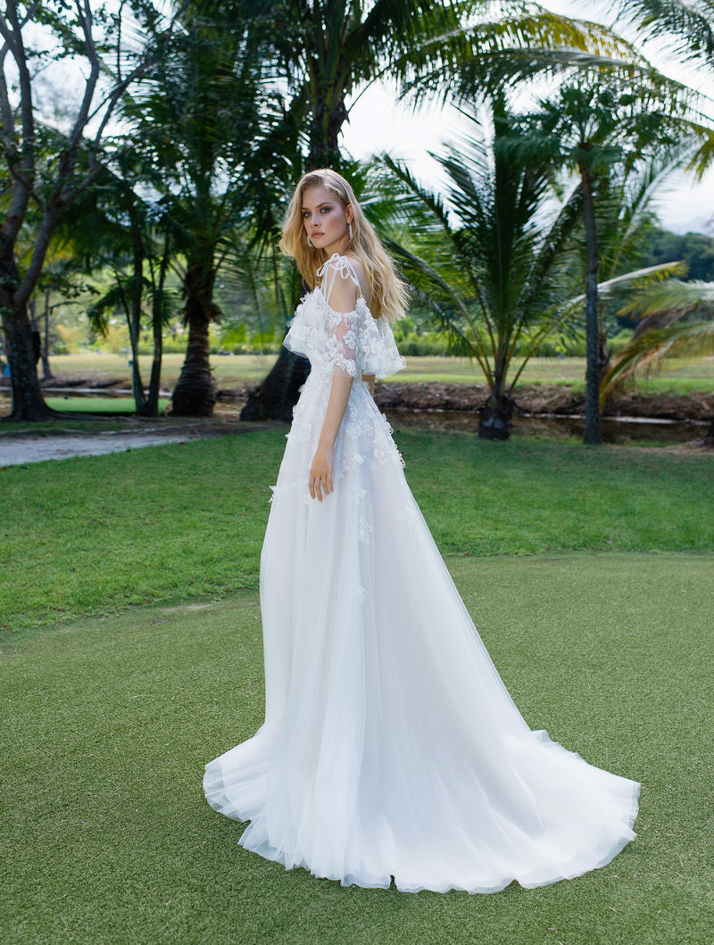 off the shoulder a line wedding dress with Thigh High Slit Beaded A-Line Wedding Gown with Convertible Sleeves Plus Size Size 12 bringing the romance of a blooming garden to life Beloved by Casablanca Bridal BL428