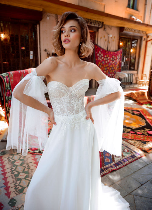 Strapless Lace Corset Wedding Dress with Detachable Sleeves & Choker | Garden Reverie Bridal