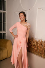 One-Shoulder Cutout Asymmetrical Dress with Embroidered Tulle Sleeve