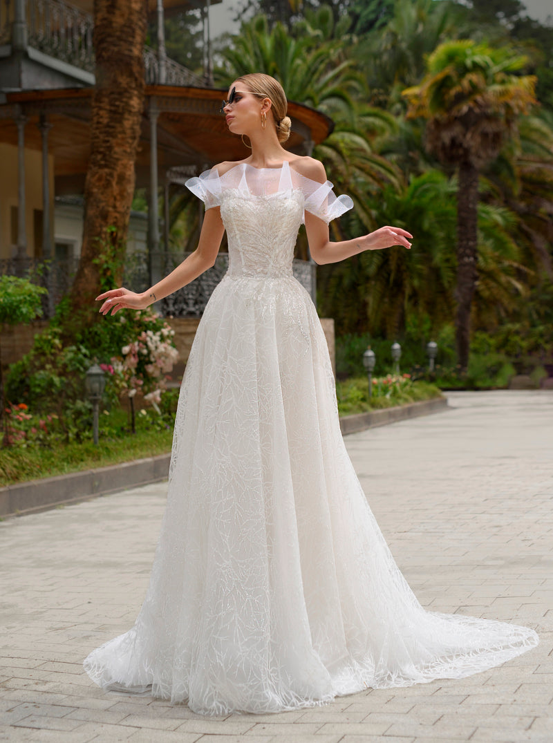 Vestido de novia elegante sin tirantes con purpurina y corte A