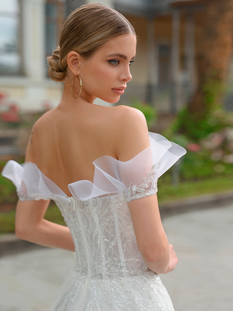 Vestido de novia elegante sin tirantes con purpurina y corte A