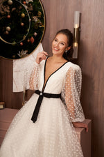 Vestido midi chique de tule de bolinhas