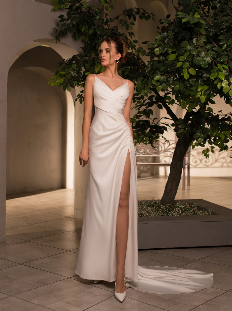 Spaghetti Strap Open-back Wedding Dress with Thigh-high Slit