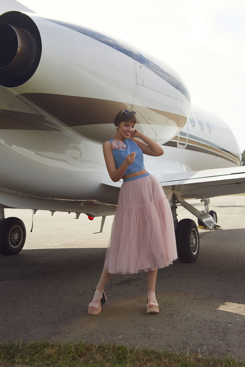 Vestido de cóctel de dos piezas, sin mangas, hasta el té, con falda de tul