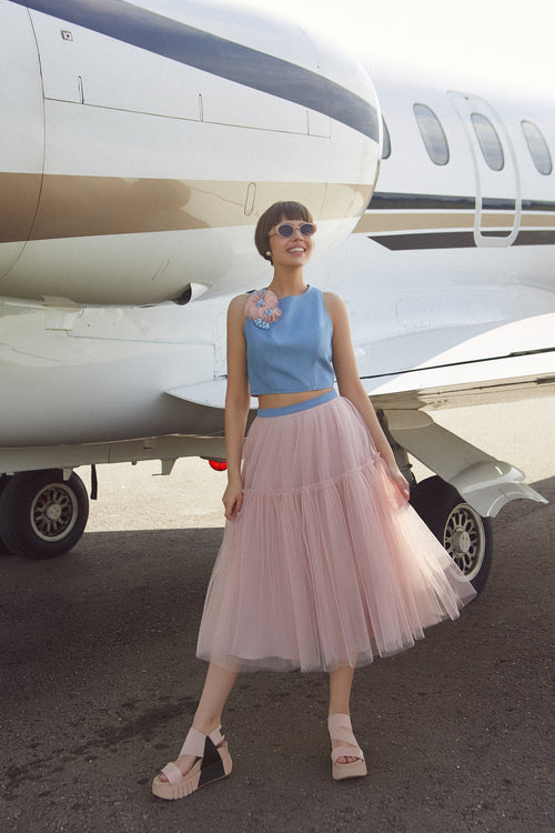 Two-Piece Sleeveless Tea Length Cocktail Dress with Tulle Skirt