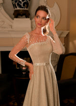 Asymmetrical Neckline Wedding Gown with Embroidered Sleeves