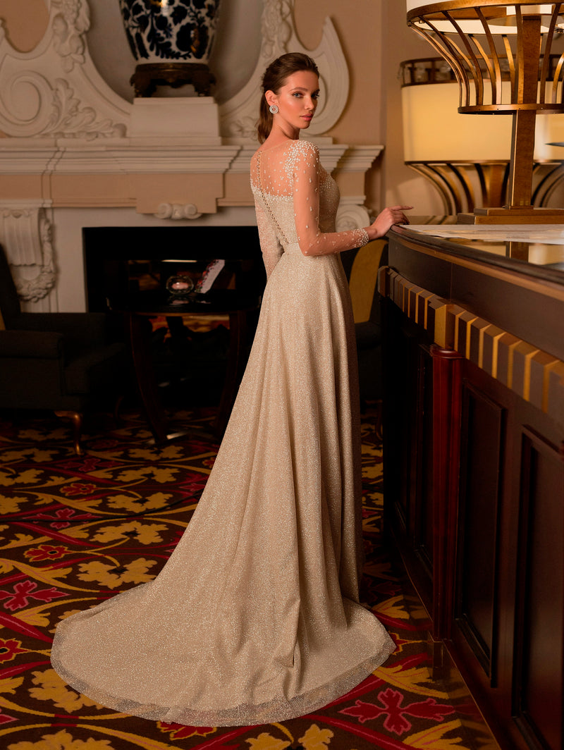 Asymmetrical Neckline Wedding Gown with Embroidered Sleeves HAREM's Brides Asymmetrical Neckline Wedding Gown with Embroidered Sleeves HAREM's Brides