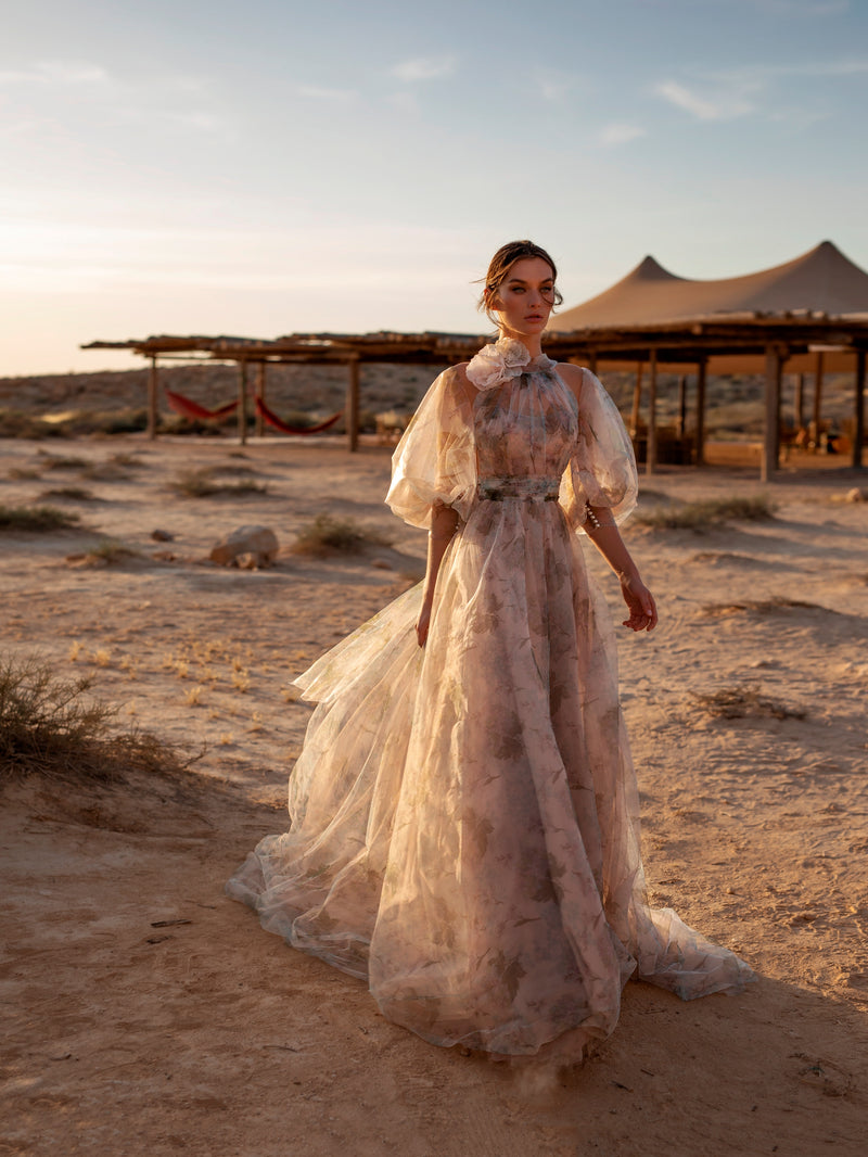 Puffy Long Sleeve Floral Print Gown