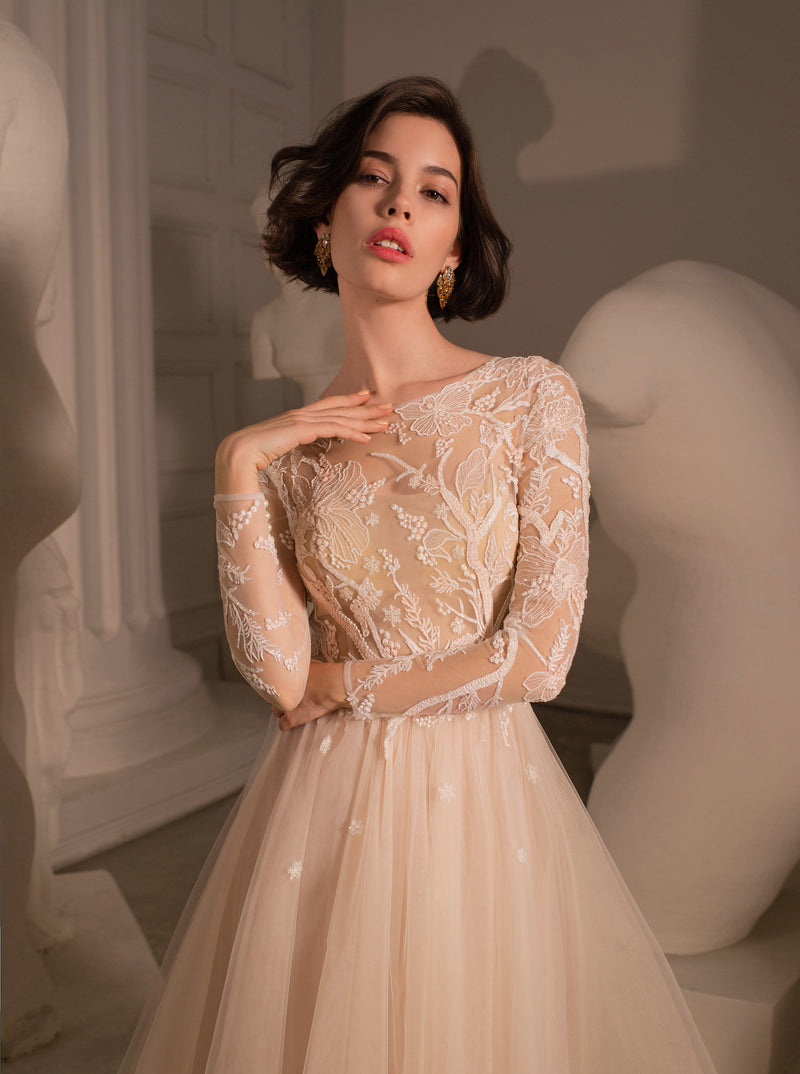 beige wedding dress with sleeves Light Brown Long Sleeve Boho Wedding Dress Rustic Wedding Dress WD741 US2 / Custom Color