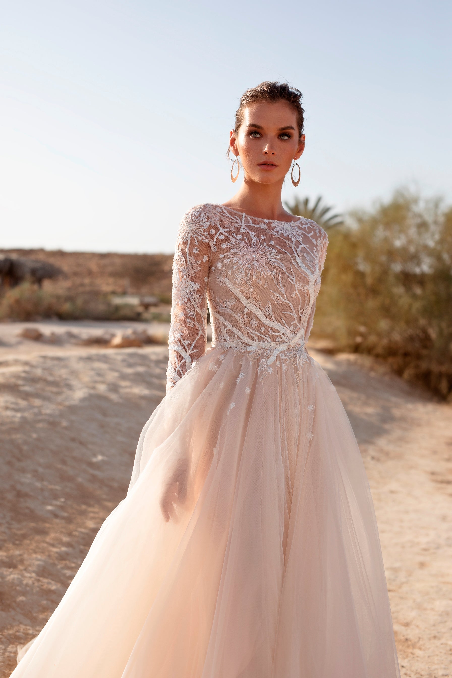 Buy Coral Peach Stone Embroidered Net Bridal Gown Online | Samyakk