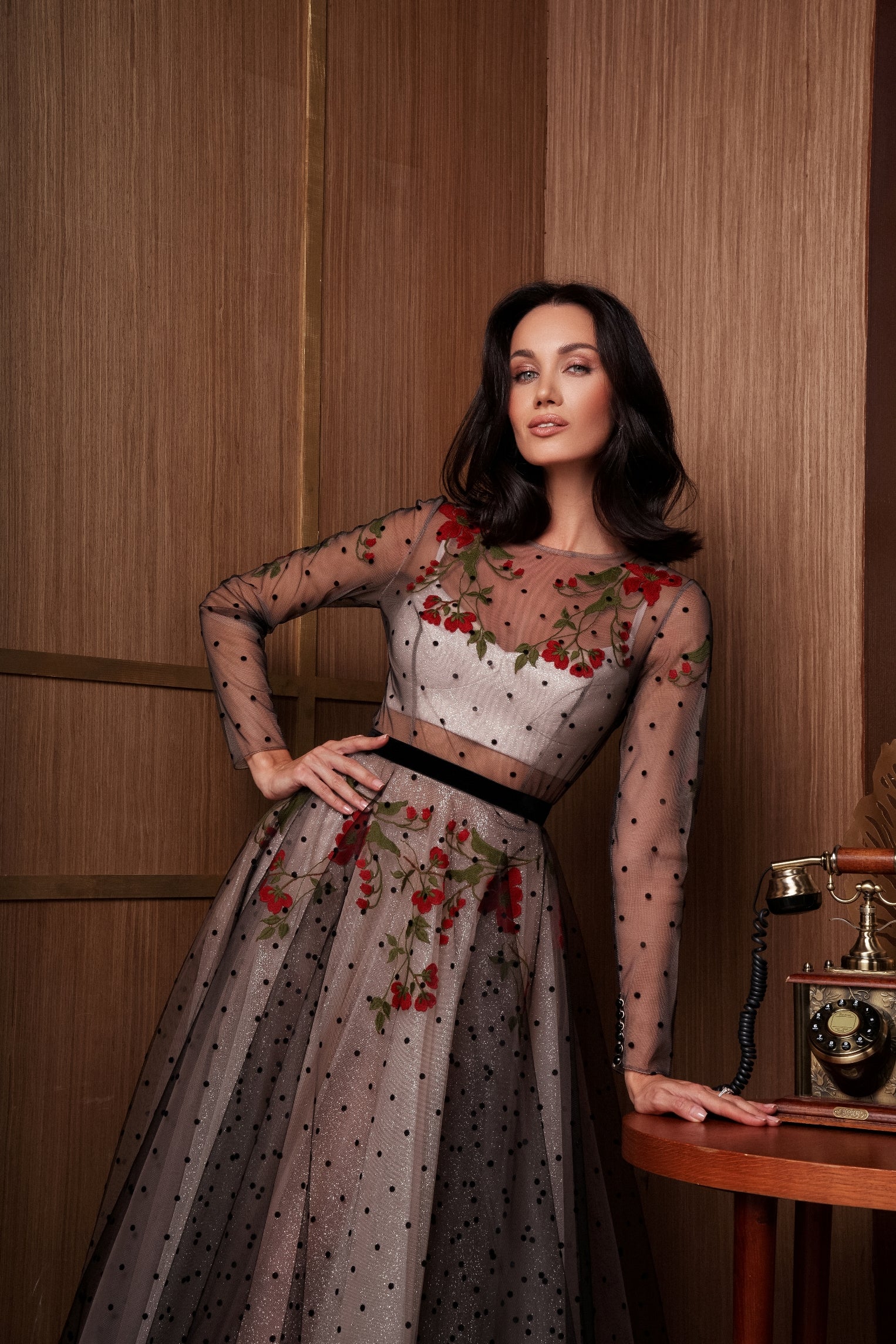 Polka Dot Tulle Midi Evening Dress with Sheer Long Sleeves HAREM's Brides Polka Dot Tulle Midi Evening Dress with Sheer Long Sleeves HAREM's Brides