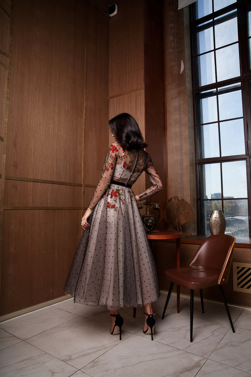 polka dot evening dress Polka Dot Tulle Midi Evening Dress with Sheer Long Sleeves – HAREM's Brides