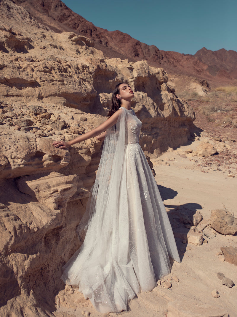 High Illusion Neck Lace Wedding Dress with Tulle Wings