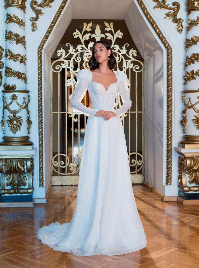 Simple Elegant Long Sleeve Glitter Wedding Dress HAREM's Brides Simple Elegant Long Sleeve Glitter Wedding Dress HAREM's Brides