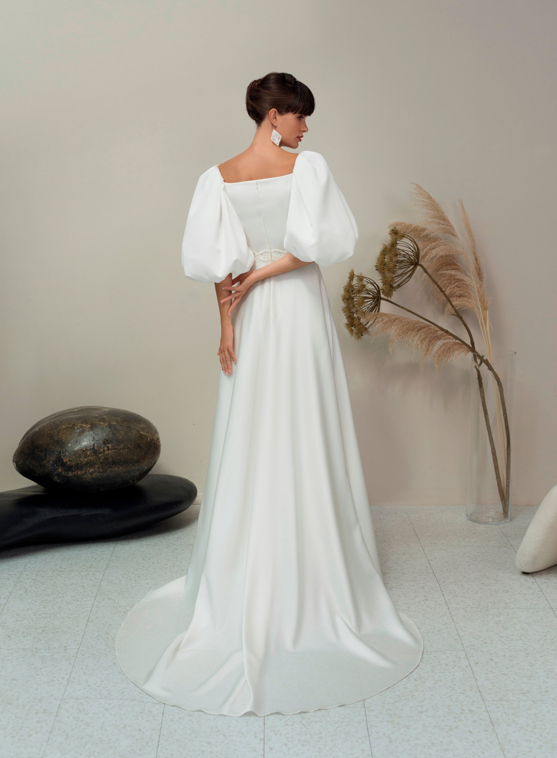 Removable Puff Sleeve Satin Wedding Dress High Slit Side A-line Simple –  AiSO BRiDAL