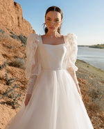Square Neckline A-Line Wedding Dress with Long Bishop Sleeves