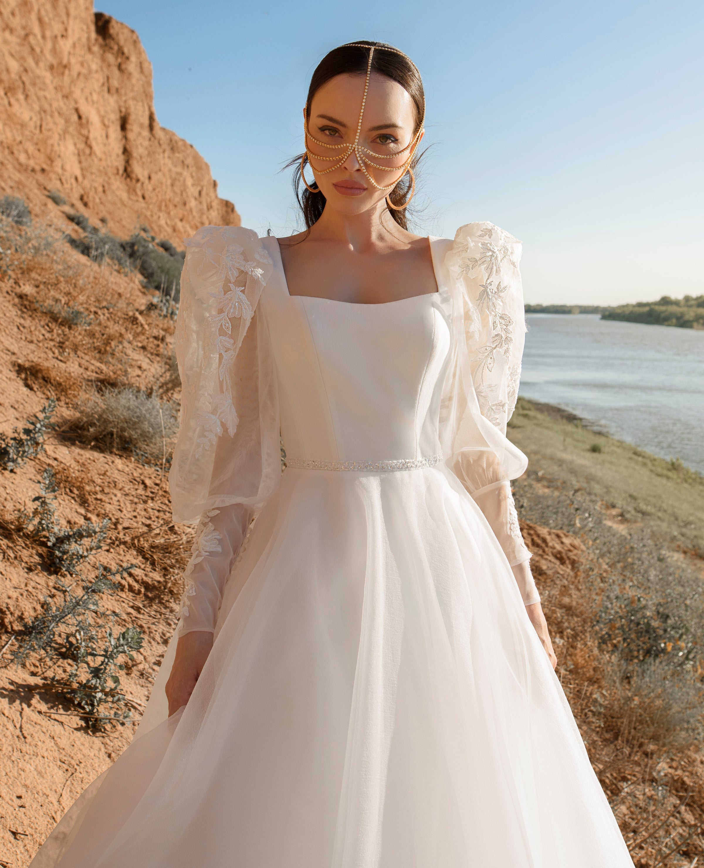 Square Neckline A-Line Wedding Dress with Long Bishop Sleeves EU36