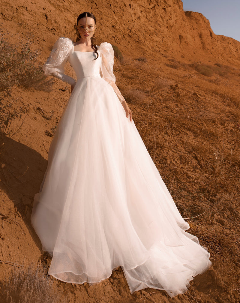 Square Neckline A-Line Wedding Dress with Long Bishop Sleeves