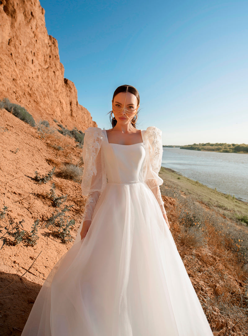 Square Neckline A-Line Wedding Dress with Long Bishop Sleeves – HAREM's  Brides
