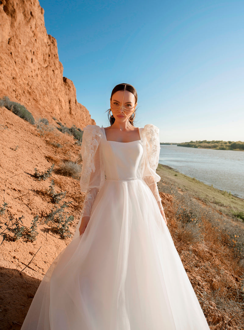 Square Neckline A-Line Wedding Dress with Long Bishop Sleeves