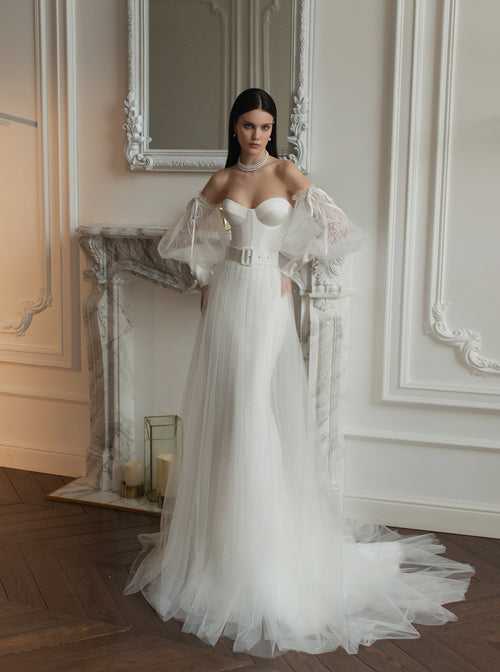 Robe de mariée bustier à manches longues amovibles