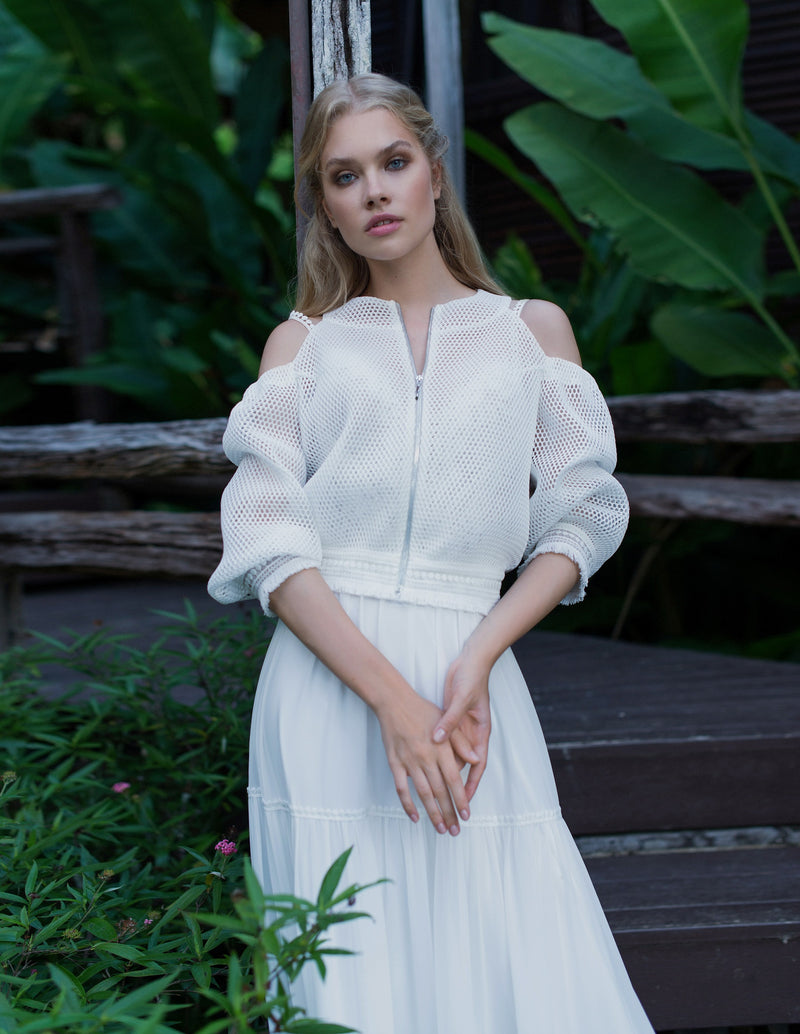 Robe de mariée à bretelles fines et boléro