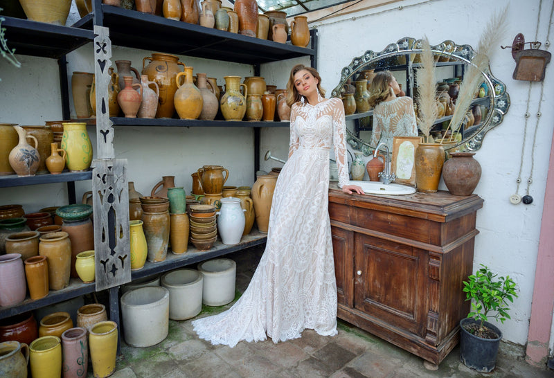 Long Sleeves Lace Boho Wedding Gown