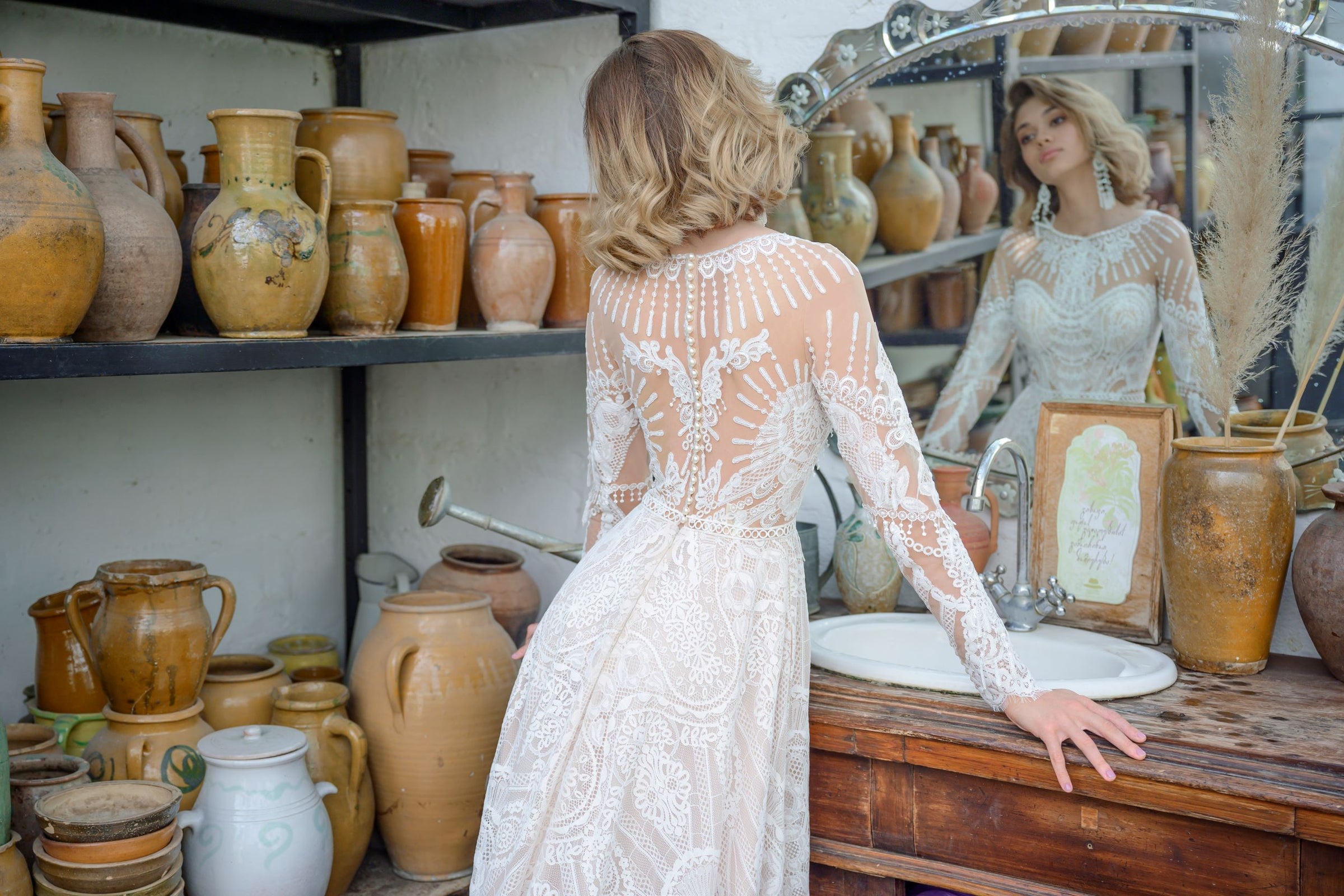 boho lace long sleeve wedding dress A-line Floor-length Sleeves SW480 Find your dream chic gown today! Elegant Floral Boho A-Line Lace