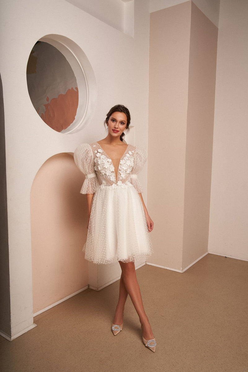 Polka Dot Lace Mini Dress with Embroidery HAREM's Brides Polka Dot Lace Mini Dress with Embroidery HAREM's Brides